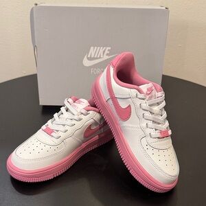 Nike Pink and White Air Force 1 Shoes kids 12C